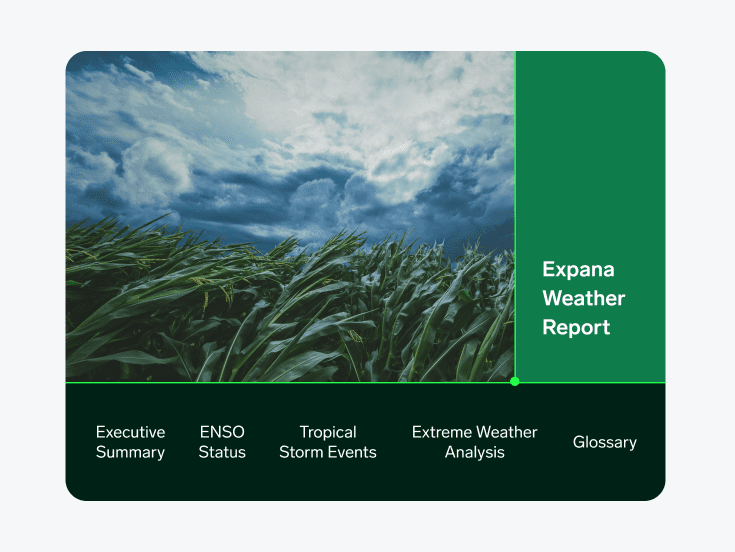 A stormy sky over a field. Showing the text Expana Weather Report, Executive Summary, Enso Status, Tropical Storm events and Glossary