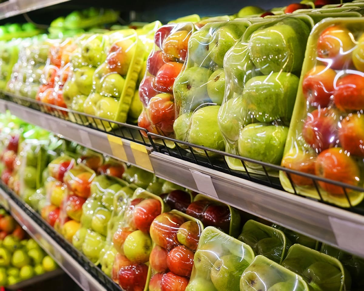 Green and red apples packed under plastic film