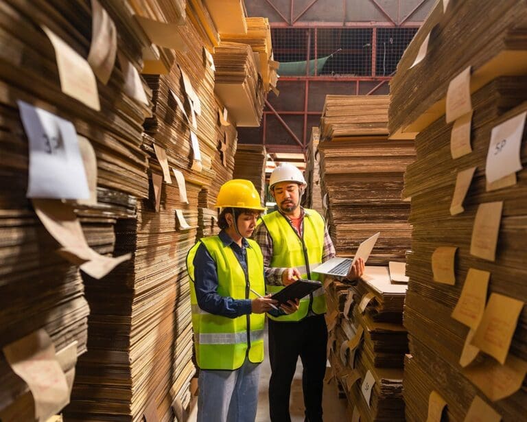 Two people wearing safety helmets and vests holding surrounded by stacked corrugated cardboard