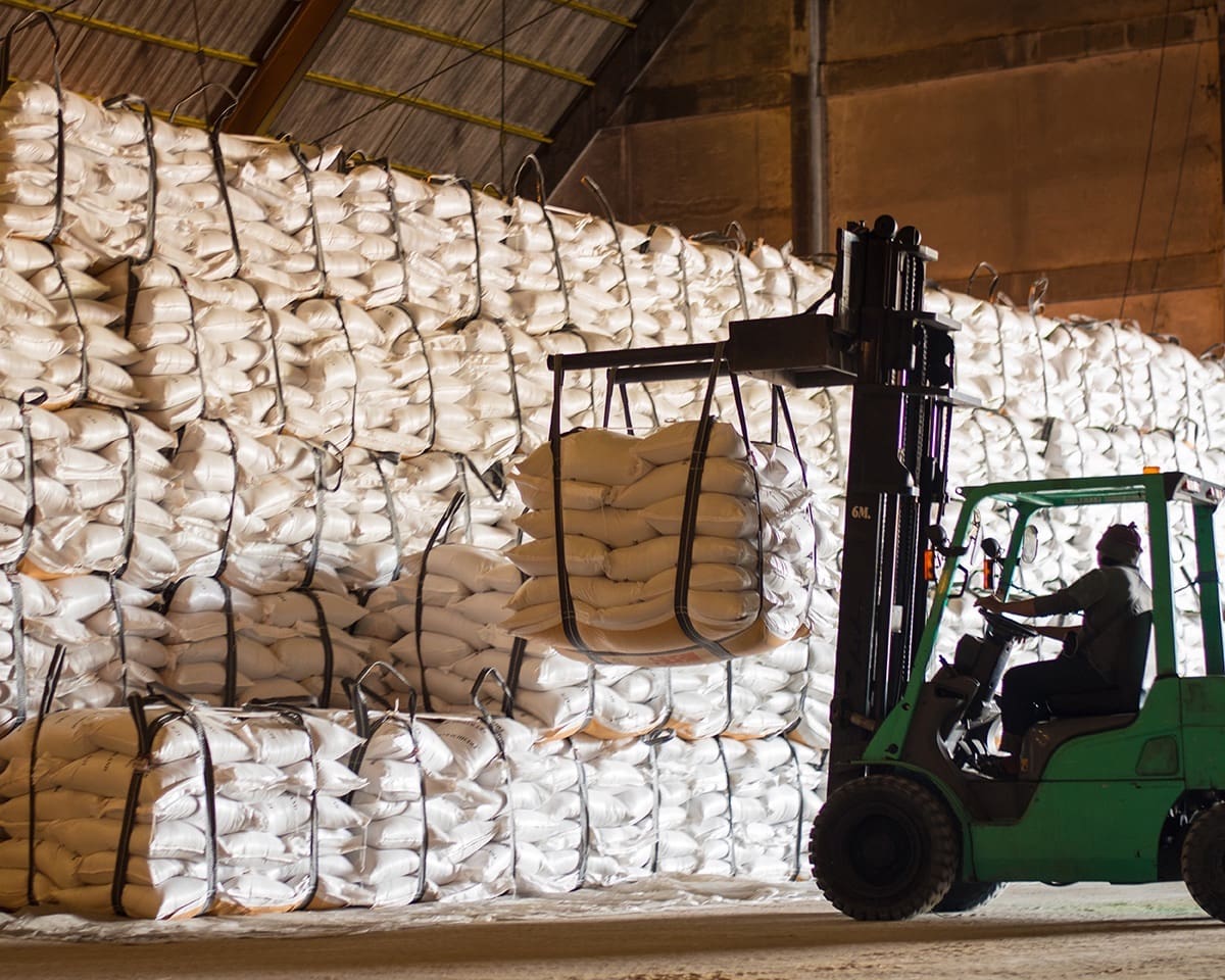 Sugar bags product handling by forklift inside warehouse