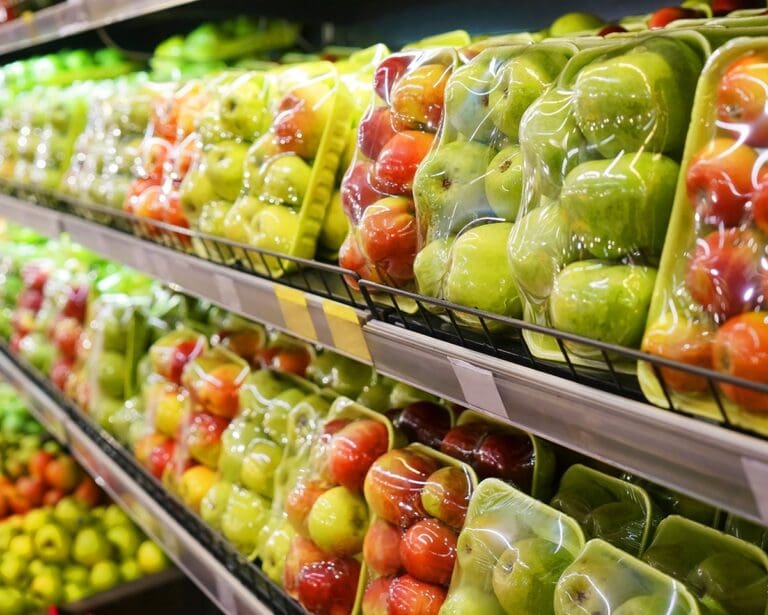 Green and red apples packed under plastic film