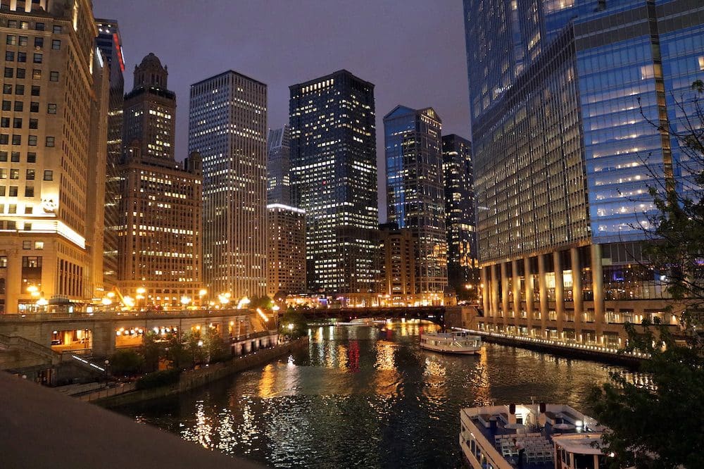 Chicago river view from the bridge at night