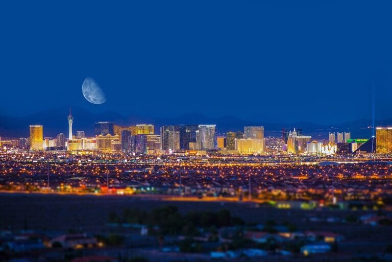 Las Vegas Strip and the Moon. Las Vegas Panorama at Night. Nevada, United States